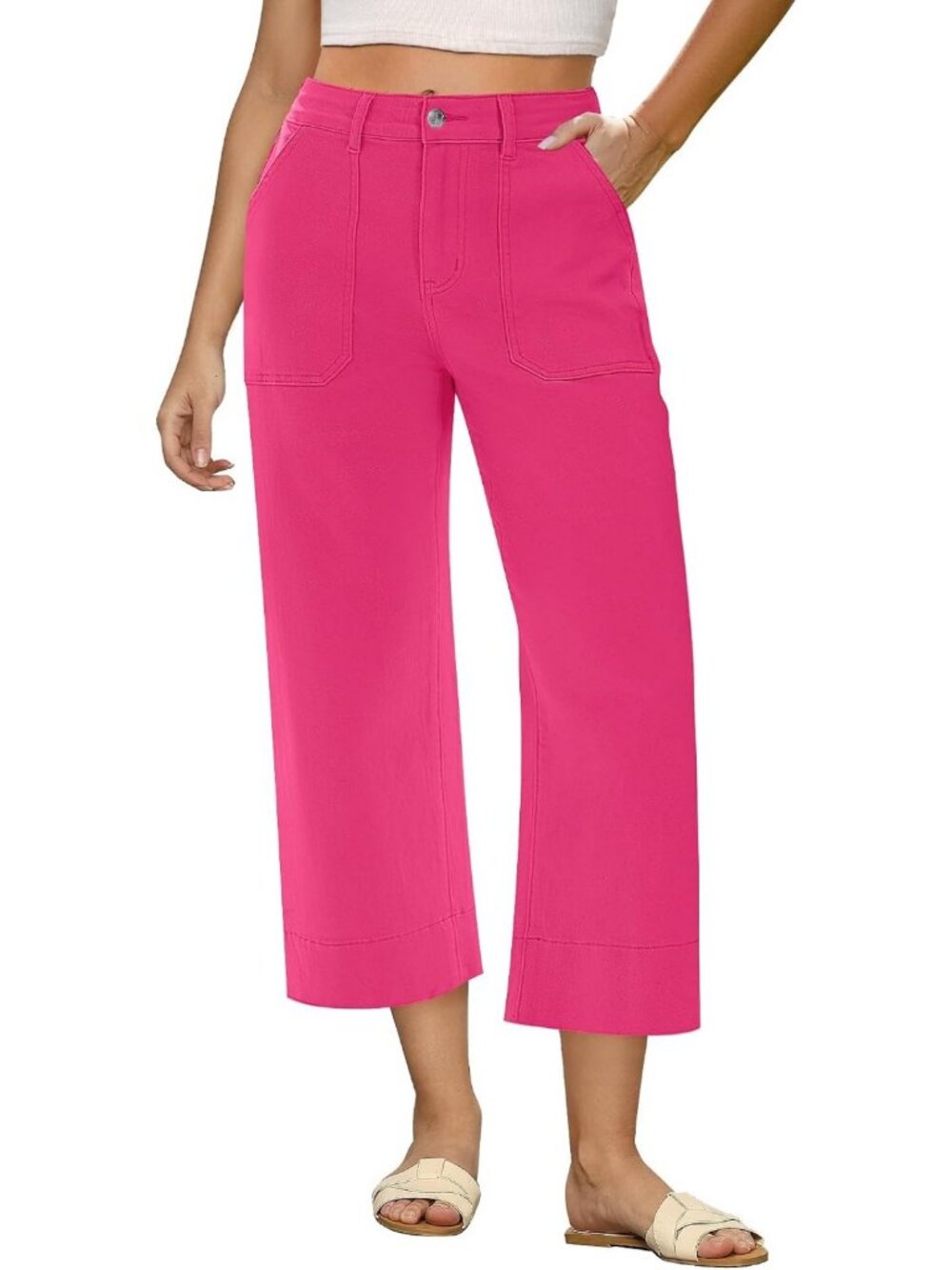 High-Waisted Wide Leg Capri Jeans for Women - Trendy Stretchy Loose Fit Denim